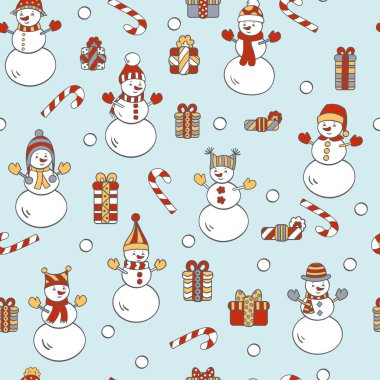 Mavi arka planda hediyeler ve kardan adamlar olan kusursuz bir Noel modeli. Paketleme tasarımı, kapaklar, tekstil baskıları için