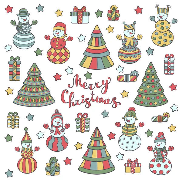 Vector Grußkarte Mit Niedlichen Schneemännern Weihnachtsbäumen Und Geschenken Auf Weißem — Stockvektor