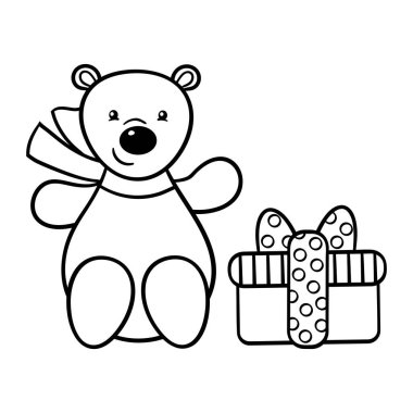 Eşarplı şirin bir oyuncak ayı, bayram hediyesi, boyama sayfası.