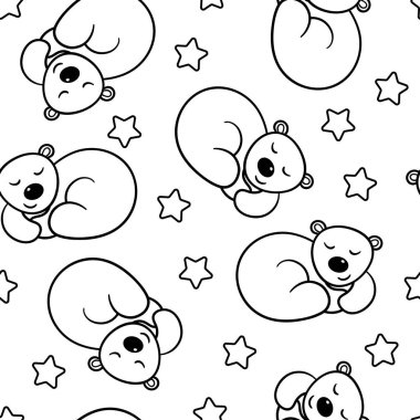 Yıldızların altında uyuyan sevimli çizgi film ayısı ve renklendirme sayfası olan vektörsüz desen.