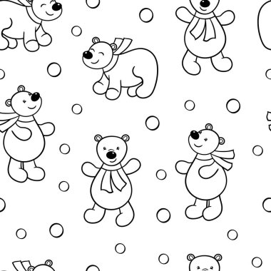 Çizgi film ayısı karlara bakarken kusursuz bir desen çiziyor. Renkli sayfa.