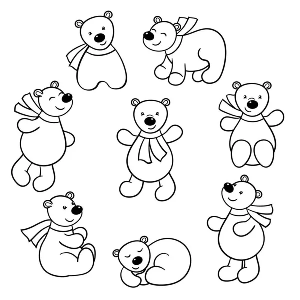 Vector Set Cute Cartoon Bears Scarf Coloring Page — Stock Vector