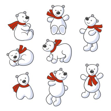 Beyaz arka planda kırmızı eşarplı şirin kutup ayıları.