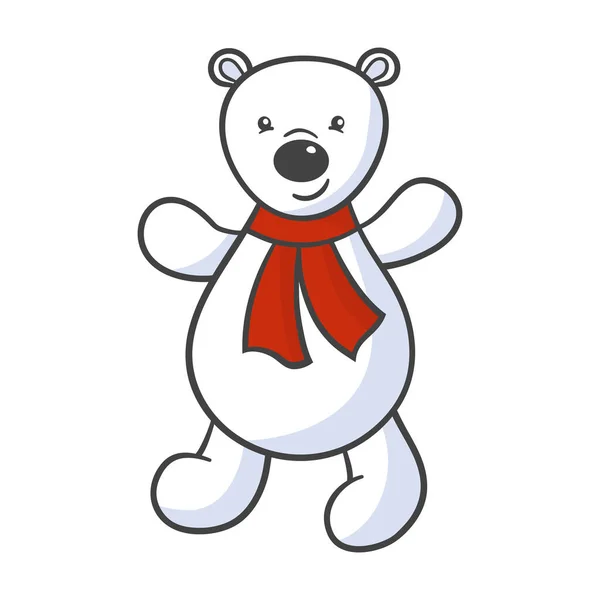 Vector Cute Cartoon Toy White Polar Bear Red Scarf — Stock Vector