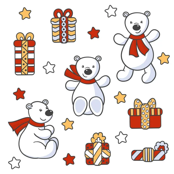 Vector Cute Toy Bears Scarf Holiday Gifts Design Packages Covers — Stock Vector