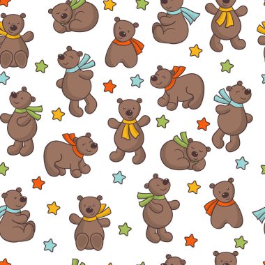 Beyaz arkaplanda renkli eşarplar ve yıldızlar olan şirin çizgi film ayılarıyla kusursuz bir desen.