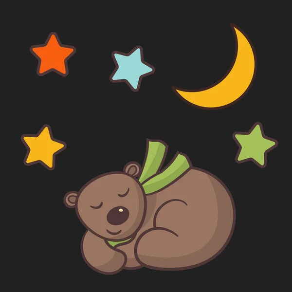 Vector Cute Cartoon Brown Bear Green Scarf Sleeping Night Moon — Stock Vector