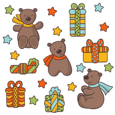 Paketler, kapaklar, tekstil baskıları, çocuk kitapları, tebrik kartları tasarımı için eşarplı şirin oyuncak ayılar.