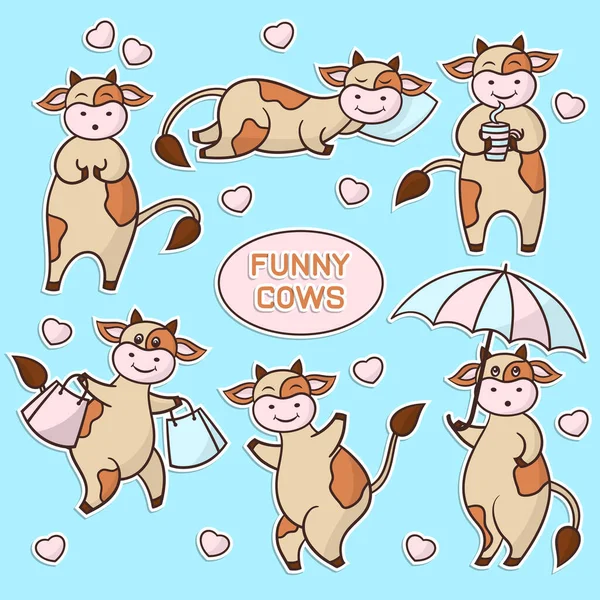 Vector Conjunto Pegatinas Con Divertidas Vacas Dibujos Animados Lindo Para — Archivo Imágenes Vectoriales