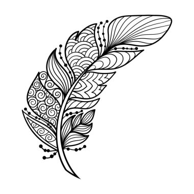 Zen sanatı tarzında desenleri olan soyut vektör tüyü, çocuklar ve yetişkinler için renk sayfası