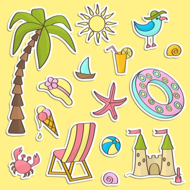 Dekorasyon ve tasarım için deniz kenarında bir yaz tatili çıkartması.