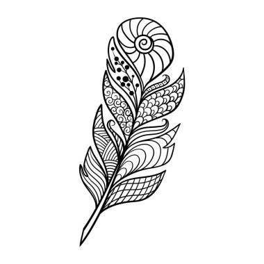 Zen sanatı tarzında desenleri olan soyut vektör tüyü, çocuklar ve yetişkinler için renk sayfası