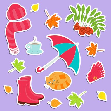 Sonbahar temalı renkli çıkartmalar: elbiseler, ayakkabılar, şemsiye, çay, kedi, sonbahar yaprakları. Tasarım ve dekorasyon için.