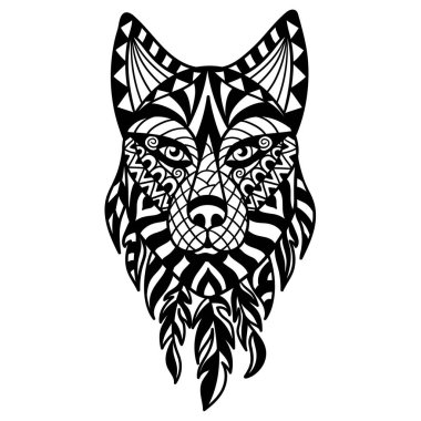 Dövmeler ve çıkartmalar için siyah-beyaz bir kurt kafasıyla vektör illüstrasyonu