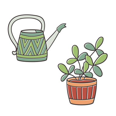 Saksı çiçeği ve beyaz arka planda bir sulama kutusu, vektör illüstrasyonu