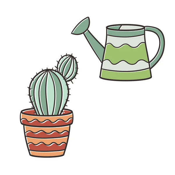Topfpflanze Kaktus Und Gießkanne Auf Weißem Hintergrund Vektorillustration — Stockvektor
