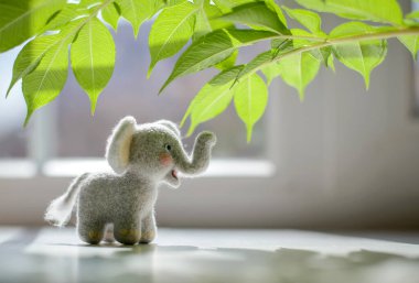 Cute woolly toy elephant under green leaves on a sunny day. Dry felting.