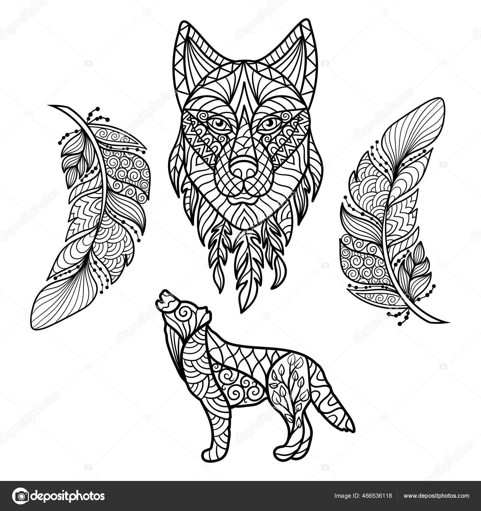 wallpapers Zentangle Wolf Head vektor abstrakter wolf wolfskopf und federn im ethno stil mit mustern malseite fur kinder und erwachsene zenart 466536118