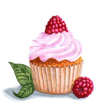 El yapımı keçeli kalem çizimi: Pembe kremalı ve ahududulu kek, beyaz arka planda izole edilmiş.