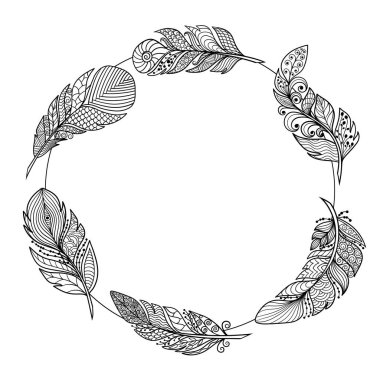 Soyut tüylerden oluşan yuvarlak çerçeveli vektör boyama sayfası, çocuklar ve yetişkinler için, zenart