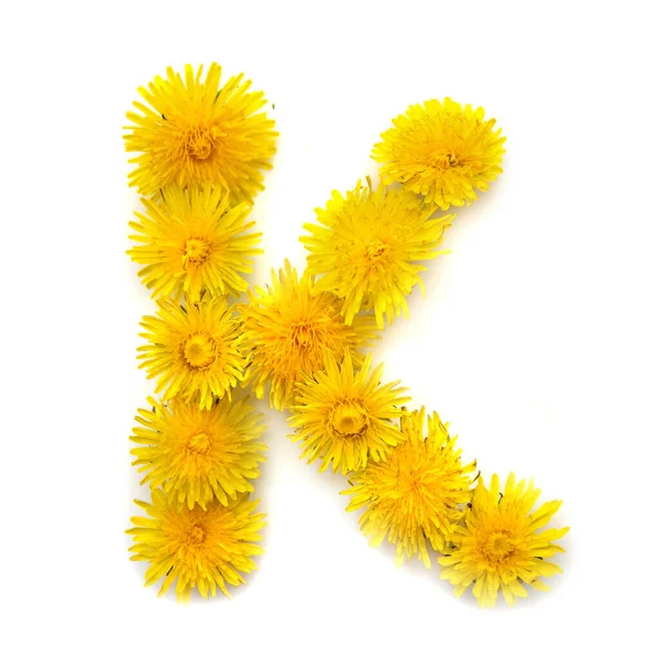 Letra Alfabeto Inglês Flores Dente Leão Amarelas Isolar Fundo Branco — Fotografia de Stock