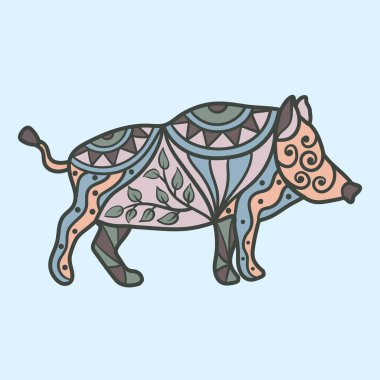 Vector forest wild boar with abstract patterns on a blue background, zenart