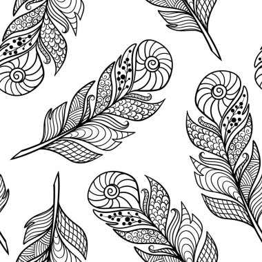 Beyaz arka planda soyut zenart tarzı tüyleri olan, çocuklar ve yetişkinler için renklendirme sayfası olan kusursuz bir model.