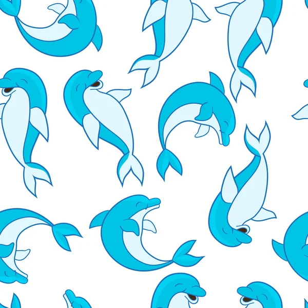 Vector Seamless Pattern Cute Funny Blue Dolphins White Background — Stock Vector