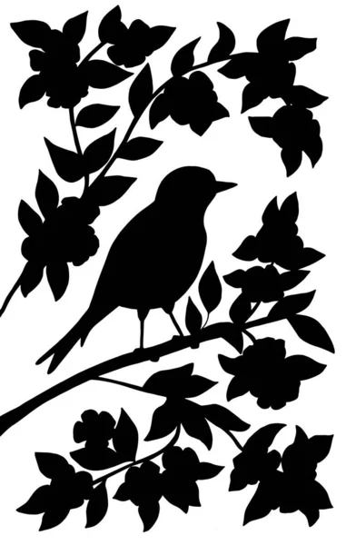 Вертикальное Изображение Черным Силуэтом Птицы Ветке Абстрактными Цветами Белом Фоне — стоковый вектор