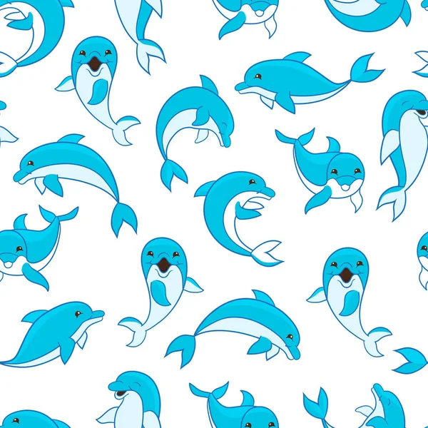 Vector Seamless Pattern Cute Cartoon Blue Dolphins White Background Design — Stock Vector