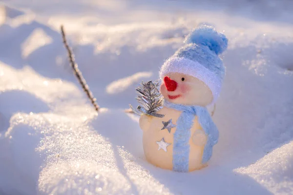 Cute Toy Snowman Blue Cap Snow Winter — Stock Photo, Image