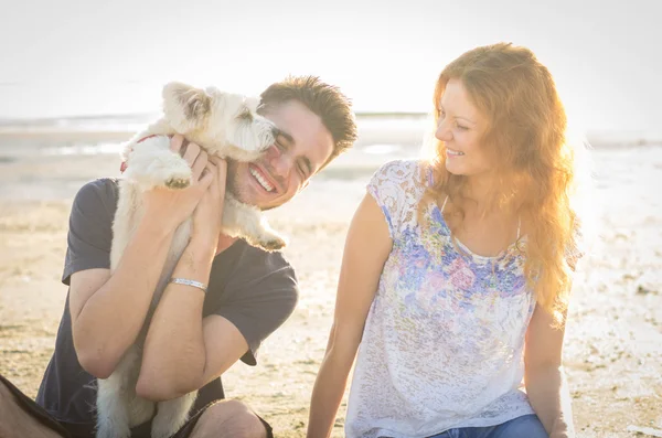 Coppia Amorevole Passeggiando Mare Con Cane — Foto Stock