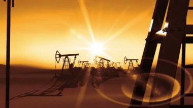 Çalışma Yağ Pompası Jacks ile Güneş Parlayan Turuncu Işık Uçuş. İş ve Teknoloji Kavramı. Looped 3d animasyon. Hd 1080.