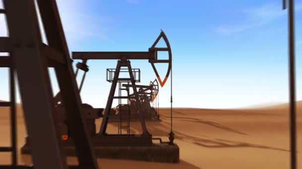 Voo através da bomba de óleo trabalhando Jacks no deserto. Looped 3d animação. Sol a brilhar. HD 1080. Conceito de Negócios e Tecnologia . — Vídeo de Stock