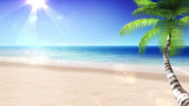 Deniz ve güneş tropikal plaj ile palmiye ağacı. Güzel ilmekledi 3d animasyon. HD 1080.