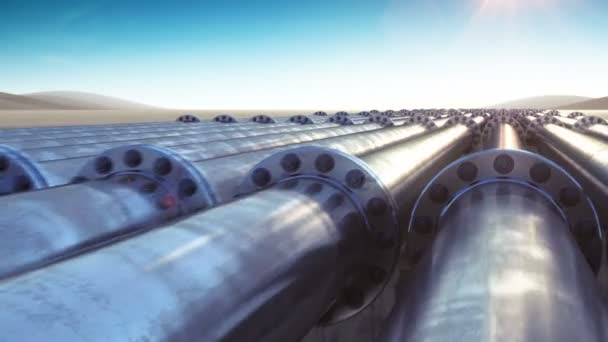 Flight at Many Pipelines. Looped 3d animation. HD 1080. Steel Pipelines. Technology and Transportation Business Concept. Blue Sky and Sun Shining. — Stock Video