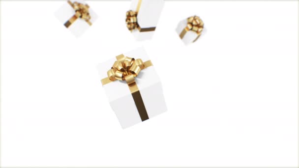 Beautiful Falling Gift Boxes on White Background and Green Screen Seamless. Looped 3d Animation of Present Boxes with Gold Ribbons and Bows Fall Down. Alpha Mask. Holiday Concept. 4k UHD 3840x2160. — Stock Video