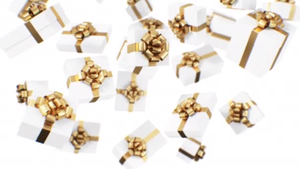 Beautiful Endless White Gift Boxes with Golden Ribbons and Bows Falling Down (англійською). Looped 3d Animation of Presents on White Background and Green Screen (англійською). Альфа Маска. Концепція святковості. 4k Ultra HD 3840x2160. — стокове відео
