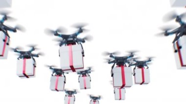 Hediye Kutuları Bulutlarda Uçan Birçok Drone 'dan geliyor. Beyaz Arkaplan, Gökyüzü ve Yeşil Ekran 'da 3D Animasyon. Alfa Maskesi. Modern Teslimat İş Konsepti. 4k Ultra HD 3840x2160.