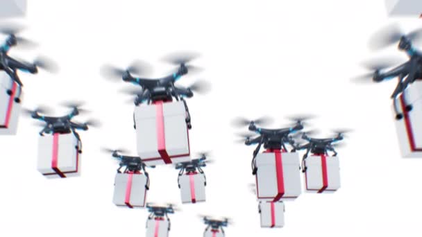 Cadeaudoosjes geleverd door veel Drones die in de wolken vliegen. Looped 3d Animatie op Witte Achtergrond, Sky en Green Screen. Alfa Masker. Moderne levering Business Concept. 4k Ultra HD 3840x2160. — Stockvideo