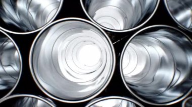 İçinde yansımalar ve güneş ışığı olan sıra sıra Metal Borular. Döngülü 3D animasyon. Metal Fabrikasındaki çelik borular. 4k Ultra HD 3840x2160.