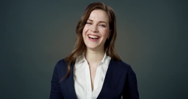 Beautiful Young Brown-haired Woman Laughing at Camera Posing. Close-up Pretty Face Smiling Caucasian Girl Student Portrait Indoors. Professional Confident Businesswoman Looking at Office Positive. — Stock Video