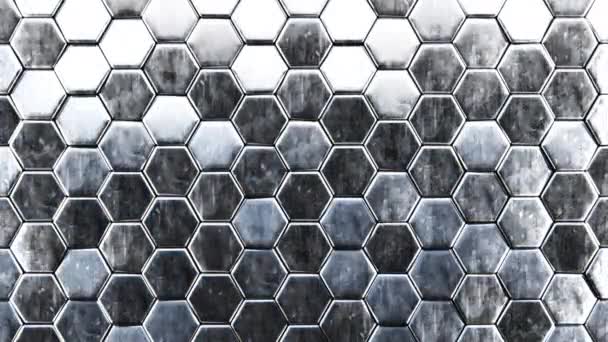 Agitar las formas del hexágono de la superficie del metal Movimiento aleatorio sin costuras. Hermoso material inteligente azulejos de acero en movimiento reflectante Looped 3d animación. Patrón de rejilla hexagonal. Concepto de armadura de inteligencia artificial 4K — Vídeos de Stock