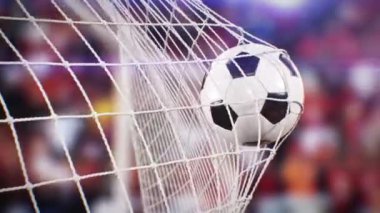 Futbol topu Slow Motion Beautiful Football 3d animasyonuyla Gol Ağı 'na uçuyor. Stadyum Tribunes 'da Dondurucu Video Soyut Maçı' nda gol atma anı. Spor Oyunları Konsepti 4k Ultra HD 3840x2160.