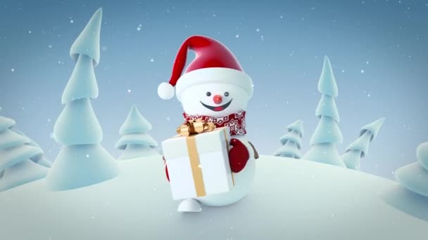 Забавный милый снеговик в шапке Санта-Клауса ходит с подарочной коробкой в зимнем лесу. Поздравительная открытка в стиле 3D Cartoon Style. С Новым годом и Рождеством! 4k Ultra HD 3840x2160. — стоковое видео