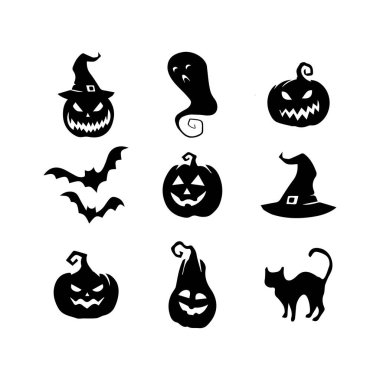 Kara Cadılar Bayramı Siluet Simgesi Seti: Balkabağı, Hayalet, Yarasa, Cadı Şapkası ve Kedi Şapkasının Vektör Sembolleri