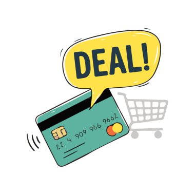 Sarı DEAL Konuşma Kabarcığı Vektörlü Çizgi Film Kredi Kartı ve Alışveriş Aracı