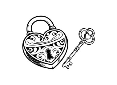 Vintage Heart Shaped Padlock ve Deknate Key Vector Illustration