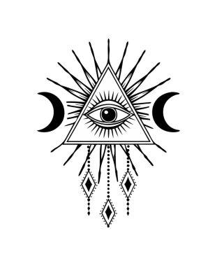 Hilal Ay 'la Her Şeyi Gören Mistik Göz Göksel Esrarengiz Vektör İllüzyonu