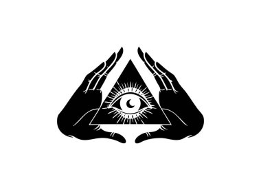 Kutsal Geometri Üçgeni İllüstrasyonunda Her Şeyi Gören Tanrı 'nın Gözü ile Esrarengiz El